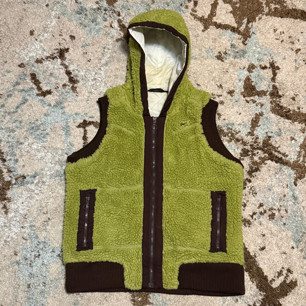 Kavu Womens Sherpa Fleece Hooded Vest Size Large Green/Brown Full Zip Outdoors